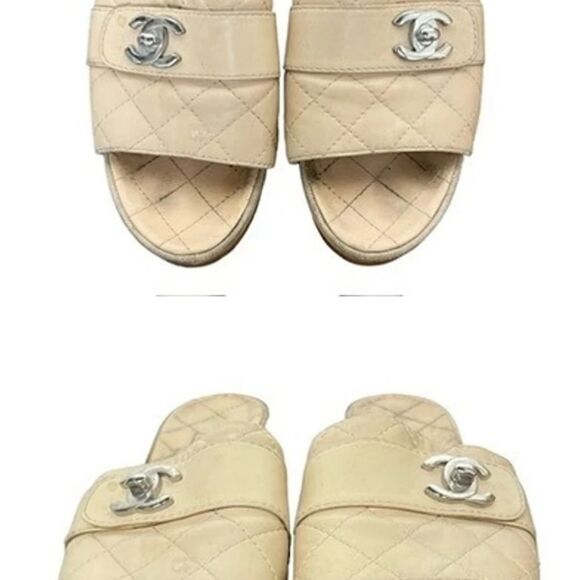 AUTHENTIC VINTAGE CHANEL BEIGE LEATHER SILVER TURNLOCK WOOD CLOGS SIZE 39 - Picture 2 of 6